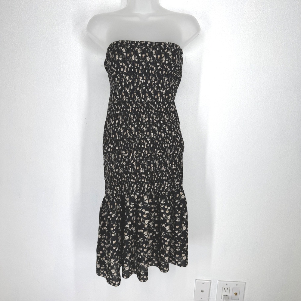 Lulus Black Ditsy Floral Smocked Strapless Ruffle Midi Dress XL NEW Boho Garden